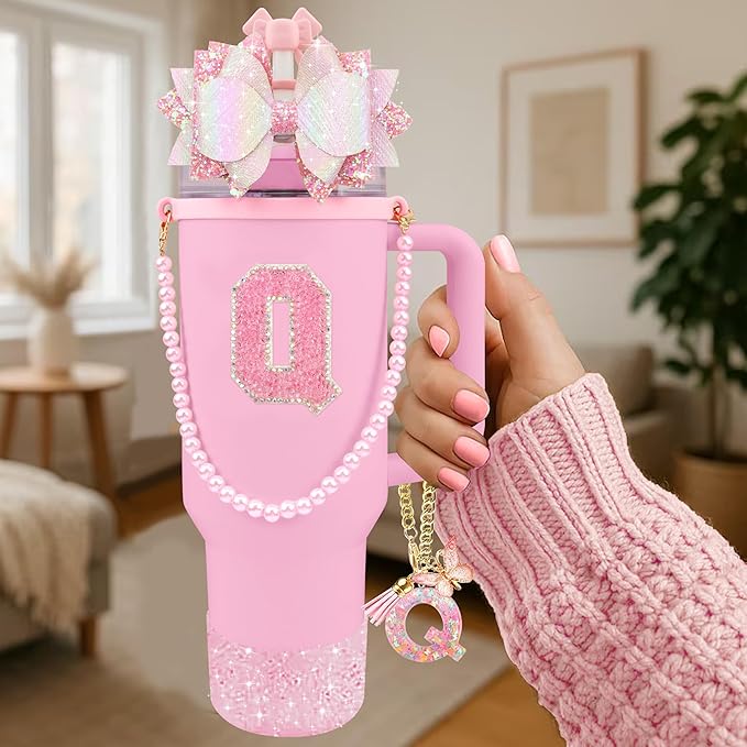 9PCS Pink for Stanley Cup Accessories Set Bling Initials Bow Charms for Stanley Decorations 30/40 Oz Tumbler Accessories Including Bow Straw Topper, Handle Strap, Spill Stopper（Letter Q）