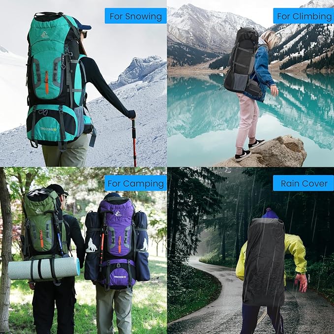 Bseash 80L Waterproof Hiking Camping Backpack with Rain Cover, Lightweight Outdoor Sport Travel Daypack for Climbing Touring (Lake Green)