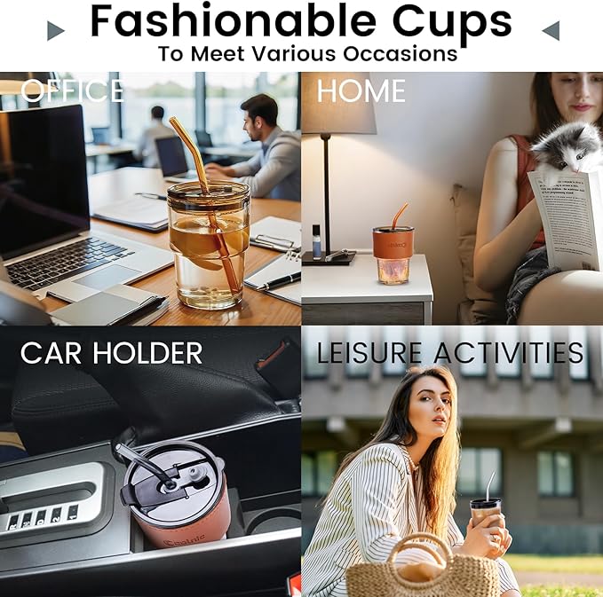 2 PCS Iced Coffee Cups with Lids, 15Oz/450ml Glass Cups With Lids and Straws, Iced Coffee Glasses Tumbler, Thick Wall Glass Mug For Tea Water With 2 Straw And Leather Sleeve, Xmas Gifts (Amber)