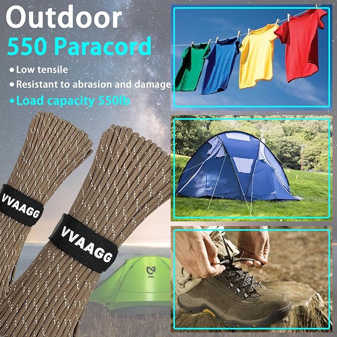 VVAAGG Reflective Paracord Rope 100FT, 7 Strand Nylon para Cord Lanyard Utility 550 Parachute Cord, 4mm Thin Tent Rope for Outdoor Camping Hiking