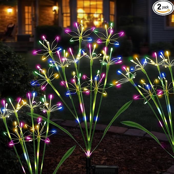 Solar Garden Lights Outdoor: Waterproof 2-Pack DIY Decorative Firework Lights with 2 Modes for Yard Patio Pathway Outside Fairy Decor - Christmas Gifts for Women Mom Mothers Day Multicolor