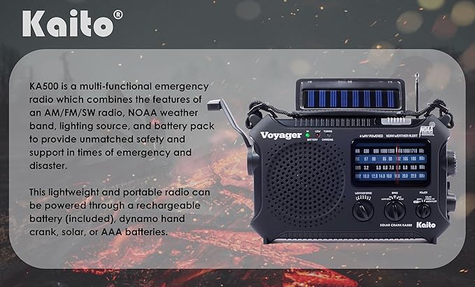 Kaito KA500 5-way Powered Emergency AM/FM/SW NOAA Weather Alert Radio with Solar,Dynamo Crank,Flashlight and Reading Lamp, Color Black