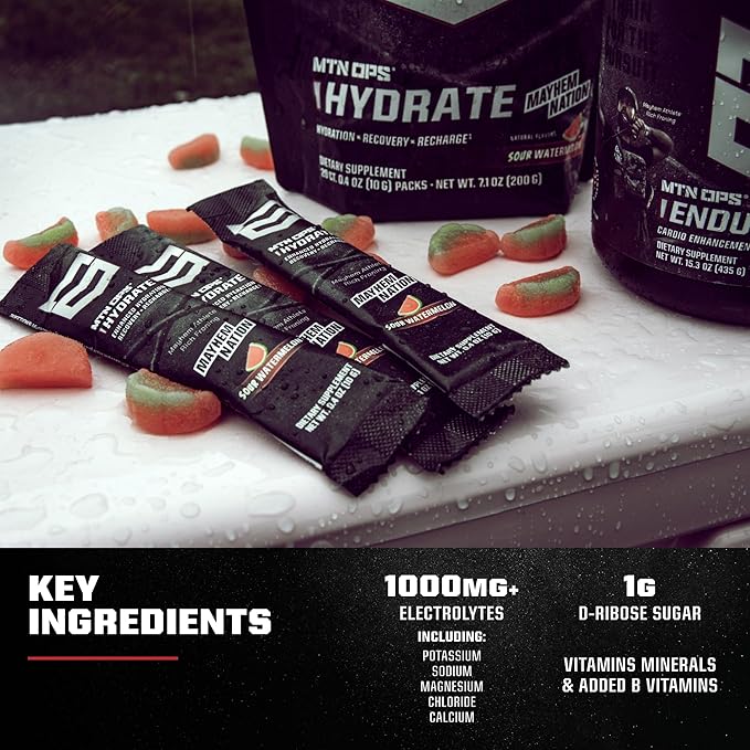 MTN OPS Hydrate Low Sugar Electrolyte Powder Drink Mix with 1g D-Ribose Sugar, 1000mg Electrolytes, On-The-Go Packs, 20 Stick Packs, Sour Watermelon
