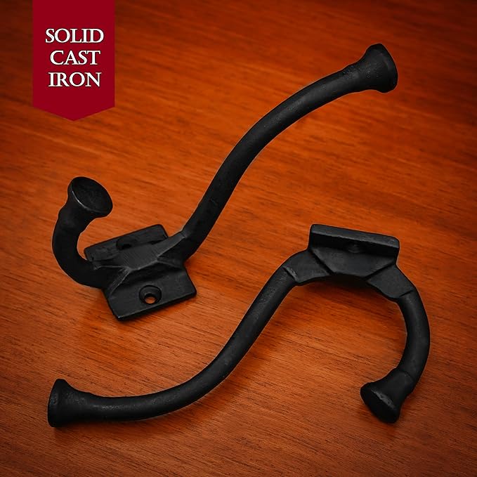 Mystic Colonial Medieval Rustic Cast Iron Wall Hooks (Set of 2) | (4 in x 3 in) Vintage Black Coated Double Coat & Hat Hook Hangers | Heavy-Duty Farmhouse, Gothic & Modern Decor