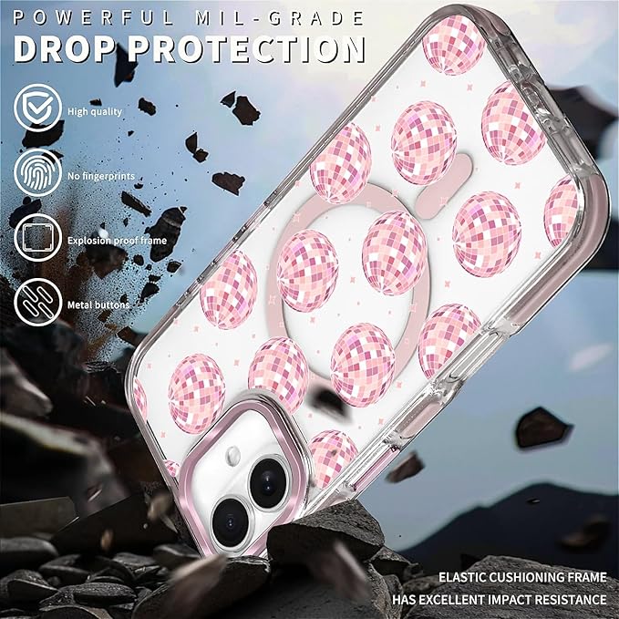 Case for iPhone 16,[Compatible with MagSafe],Disco Balls Pink Phone Case Design，for Women Girls Magnetic Clear Cover - Slim, Sleek, & Shockproof Protection