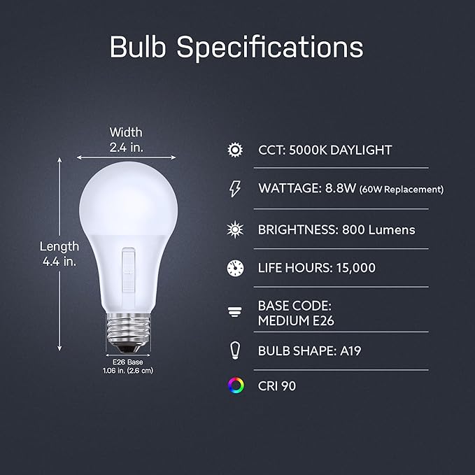 Feit Electric LED Dusk-to-Dawn Light Bulb, A19 60W Equivalent, 5CCT, Non-Dimmable, E26 Medium Base, 90 CRI, 800 Lumens, Adjustable White, 13 Years Lifetime, OM60/5CCTCA/DD/LEDI