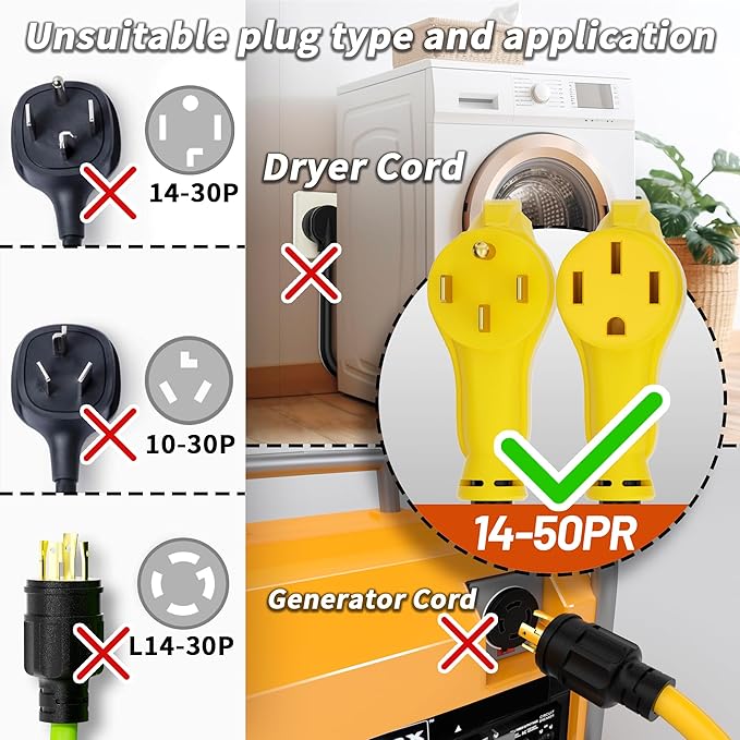 PlugSaf NEMA 14-50P/14-50R 30 FT 50 Amp RV/EV Extension Cord Outdoor with Grip Handle, 4 Prong Flexible Heavy Duty STW RV Power Cord Waterproof, 50A 125/250V 6250/12500W, Black-Yellow, ETL Listed