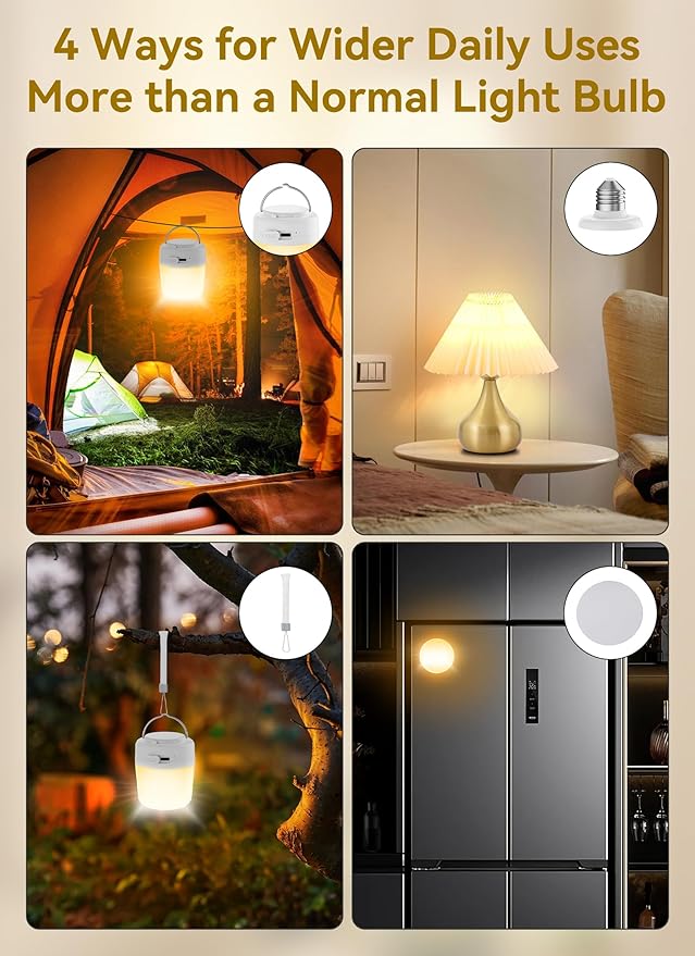 Minetom E26 Rechargeable Light Bulbs with Remote and Timer, Battery Backup Bulb with 12 Colors and Brightness Dimmable, 2300mAh 40W Equivalent LED Light Bulbs for Lamps Sconces Camping, 4 Pack