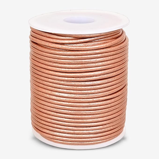 GENIQUE Real/Genuine Round Leather String Cord for Necklace, Bracelets, Jewelry, Kumihimo Braiding, DIY Projects (20 Metres) (2mm, Rose Gold Metallic)