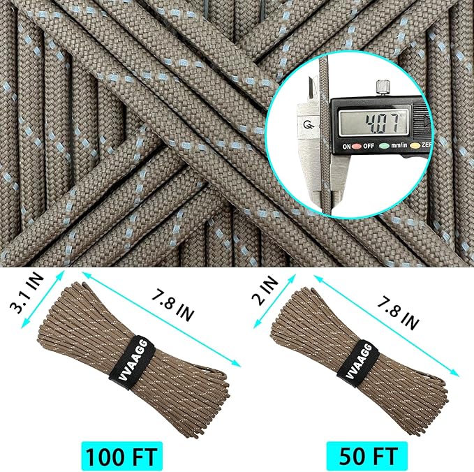 VVAAGG Reflective Paracord Rope 100FT, 7 Strand Nylon para Cord Lanyard Utility 550 Parachute Cord, 4mm Thin Tent Rope for Outdoor Camping Hiking