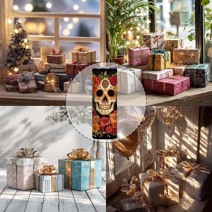 Firmiso 20 oz Tumbler｜Skinny Insulated Travel Mug｜Sugar Skull Floral Design Stainless Steel Cup with Lid and Telescopic Straw｜Gothic Boho Drinkware｜Day of the Dead Gift Idea for Women and Men