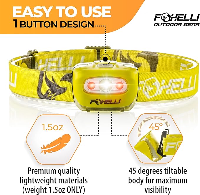 Foxelli LED Headlamp Flashlight for Adults & Kids, Running, Camping, Hiking Head Lamp with White & Red Light, Comfortable Headband, Lightweight & Waterproof, 3 AAA Batteries