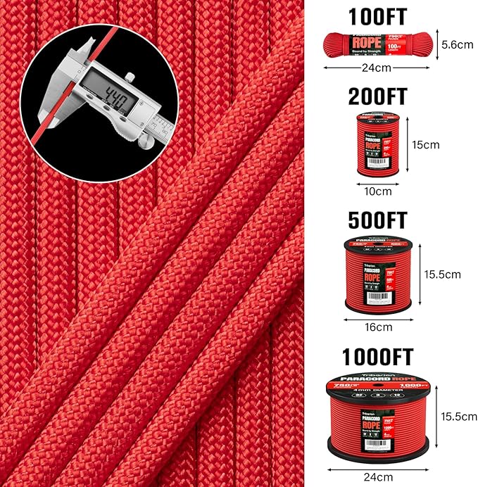 1200 Paracord Rope - 4.4mm 14 Strand Nylon Parachute Spool para Cord Lanyard for Outdoor Camping Survival Utility Tent Crafting DIY Projects Fishing Clothsline Bracelet - Red 500FT