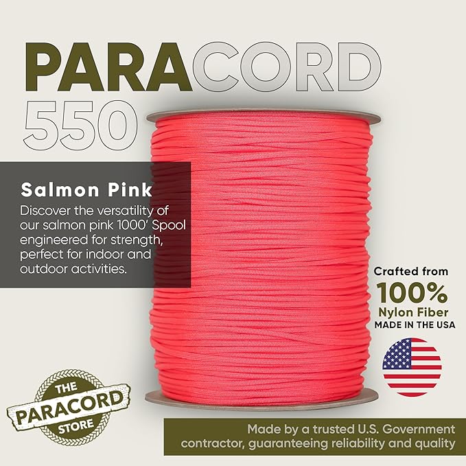The Paracord Store | Type III 550 Paracord - 1000 FT Spool, Salmon Pink | Heavy Duty 7 Strand Tactical Paracord - USA Made Nylon Outdoor Parachute Cord for Camping, Fishing & More - Survival Cord