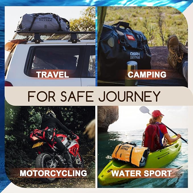 OSAH DRYPAK Waterproof Duffel Bag - Motorcycle Dry Bag Tail Bag with Large Storage Space, Waterproof Luggage Duffle Bags with Outer Mesh Zipper Pocket for Camping, Kayaking, Fishing & Traveling