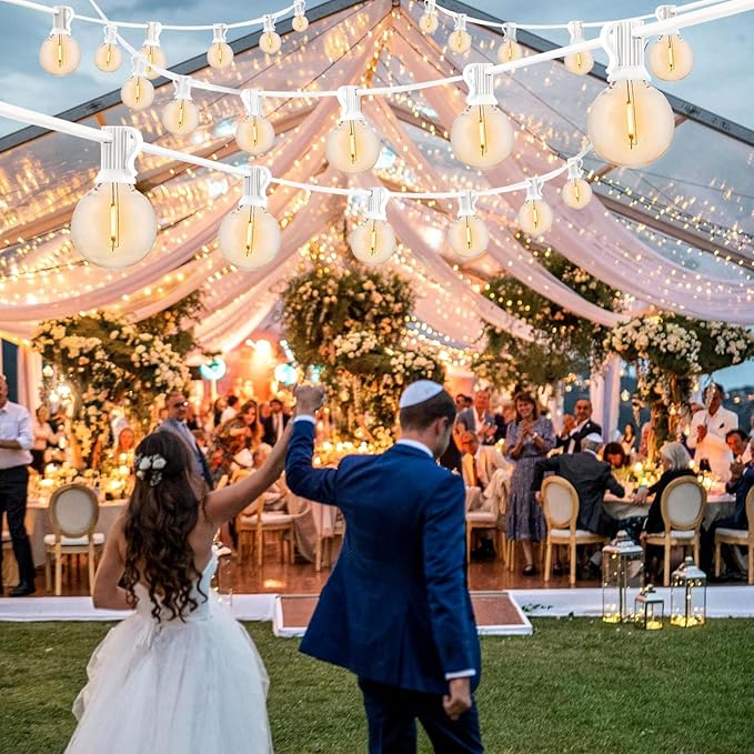 200 Feet White String Lights for Outside G40 Patio Lights Waterproof with 100+4 Replaceable Shatterproof Warm Yellow Globe Bulbs for Wedding Pergola Porch Backyard, White Cord, Linkable