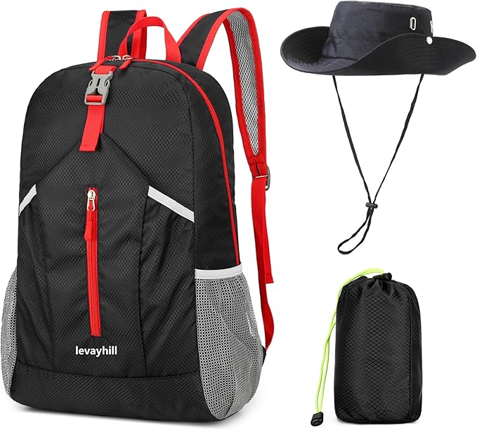 levayhill 25L Foldable Backpack & Bucket Hat 2 IN1 Combo, Lightweight packable Travel Set, Compact Daypack Sun Fisherman Hat (Black)