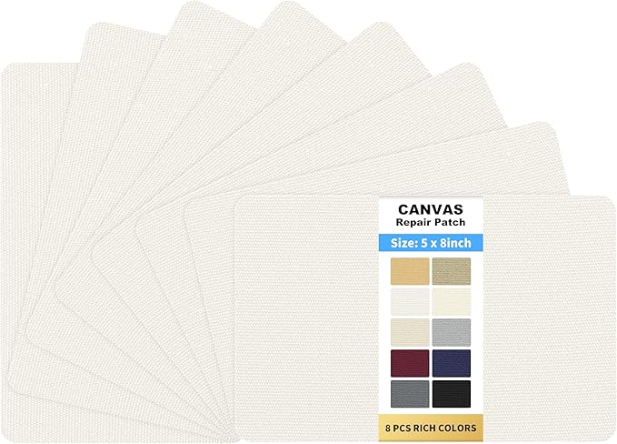 KING MOUNTAIN Canvas Repair Patch 5×8 Inch 8 Pcs Self-Adhesive Waterproof Fabric Patch for Sofas, Tents, Furniture,Tote Bags, Car Seats (Off White)
