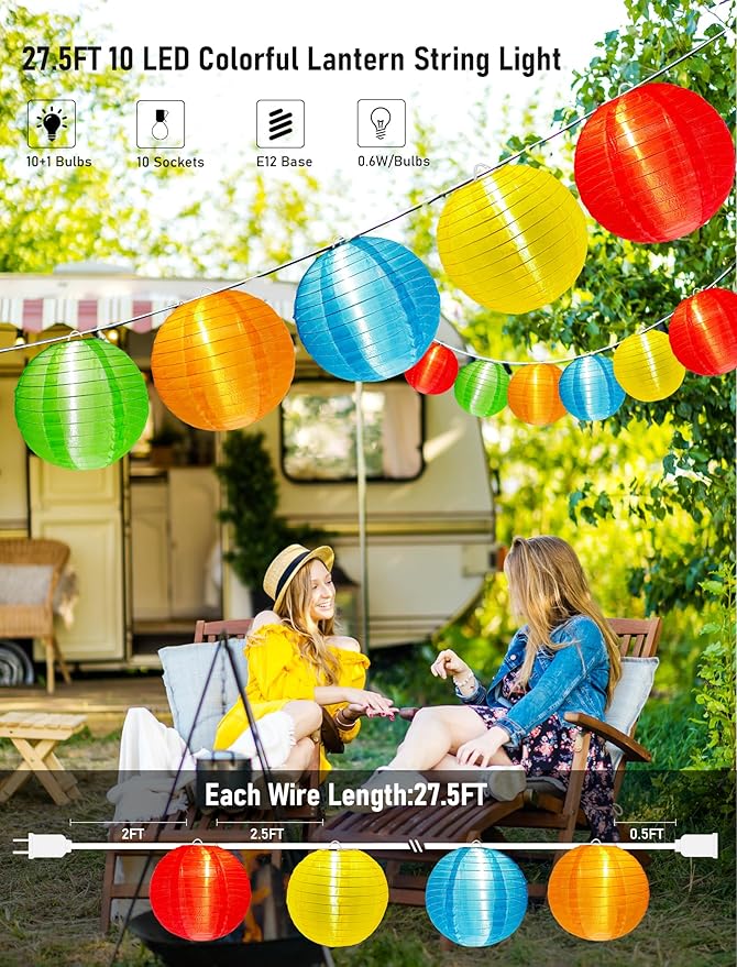 G40 LED Outdoor Lantern String Lights, 27.5FT Multicolor Patio String Lights with 10 Chinese Lanterns, Plug in Nylon Lantern Lights Waterproof UL Listed for Backyard Party Birthday Wedding Christmas