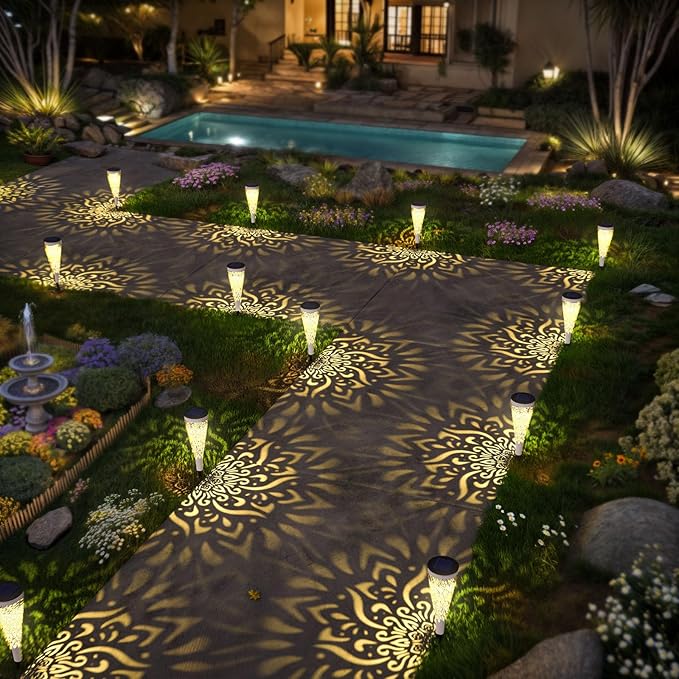 gardencave 6 Pack Solar Lights Outdoor Garden Decorative Mandala Solar Garden Lights with Warm Light Waterproof Solar Pathway Landscape Light for Path Patio Backyard Walkway Yard Decor (White)