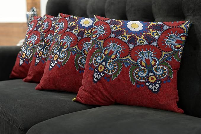 Ambesonne Mandala Throw Pillow Cushion Case Pack of 4, Color Jumble of Lace Like Flowers Leaves Swirls Vintage Illustration Folk Themed, Modern Accent Double-Sided Digital Printing, 20", Red