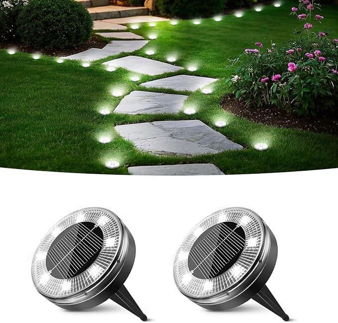 Peasur Mini Solar Ground Lights, 2 Pack Flat Solar Disc Lights Outdoor Waterproof, 2.3 Inch Small Solar Garden Lights Landscape Lighting for Outside Pathway Garden Yard Lawn Walkway,Cool White