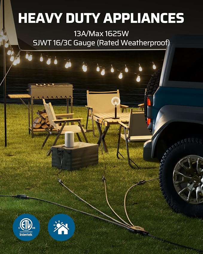 DEWENWILS 46FT Outdoor Extension Cord with Switch, 1 to 4 Splitter, Heavy Duty, Weatherproof, Black, 13A 125V 1625W, Ideal for Outdoor String Lights, Christmas Electrical Tools, Holiday Decorations