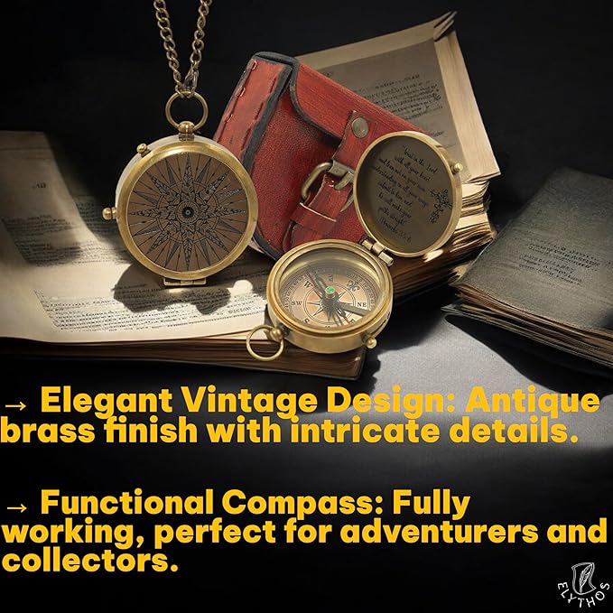 Handmade Brass Antique Compass with Leather Case – Vintage Finish Functional Pocket Navigation Tool for Travel, Hiking & Gift