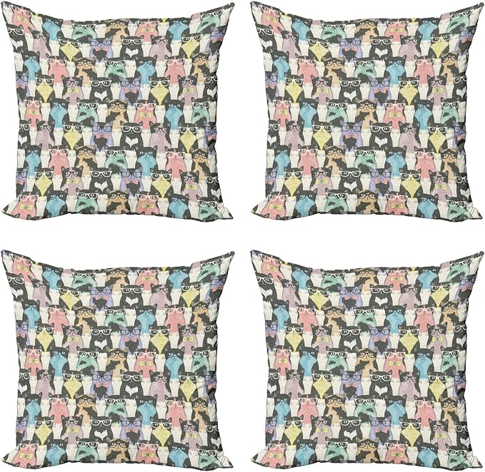 Ambesonne Funny Cartoon Throw Pillow Cushion Case Pack of 4, Theme of Playful Hipster Cats with Glasses Colorful Dotted Designed Print, Modern Accent Double-Sided Digital Printing, 18", Charcoal Grey