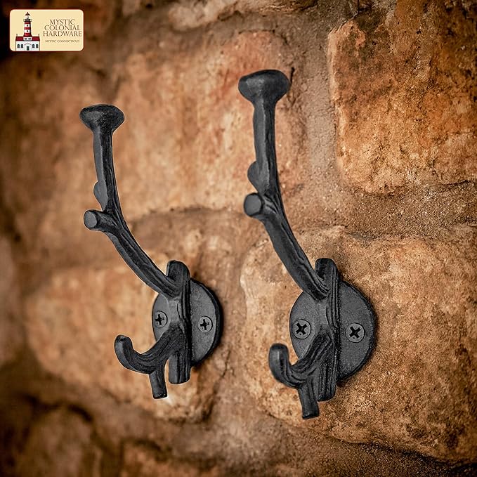 Mystic Colonial Rustic Cast Iron Wall Hooks, Heavy Duty Retro Utility Hooks for Hanging Coat, Bag, Towel, Robe, Hat and More, Pack of 2, Black