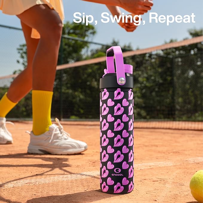 ENCOOL Valentine's Day Insulated Water Bottle with Straw Stainless Steel Water Bottle, Leak-Proof, BPA-Free, Keeps Cold for 24 Hours for Sports, Travel, School (26 oz, Kiss Love Violet x Black)