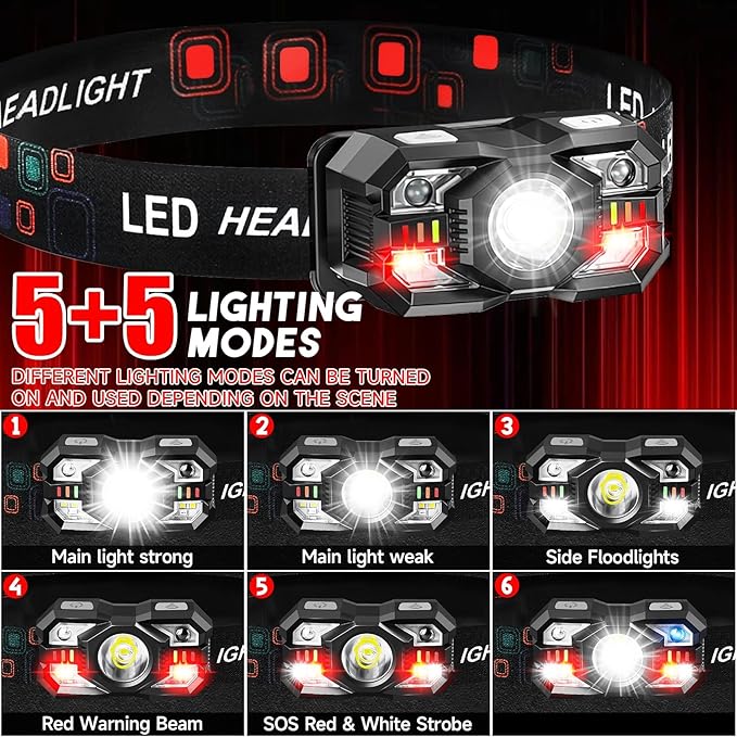 Headlamp Rechargeable 60Pack, 3000 Lumen Ultra-Light Bright Headlamp Flashlight with White Red Light, LED Headlight, 5+5 Mode for Outdoor Camping Fishing Running Hiking (60)