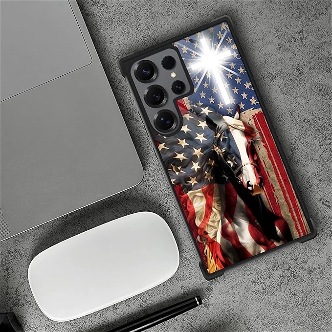 for Samsung Galaxy S25 Ultra Case,Graphic Design for Girl Boy Soft Silicone Hard Acrylic Shock Protection Designed for Samsung Galaxy S25 Ultra Red American Flag Horse Cross Pattern