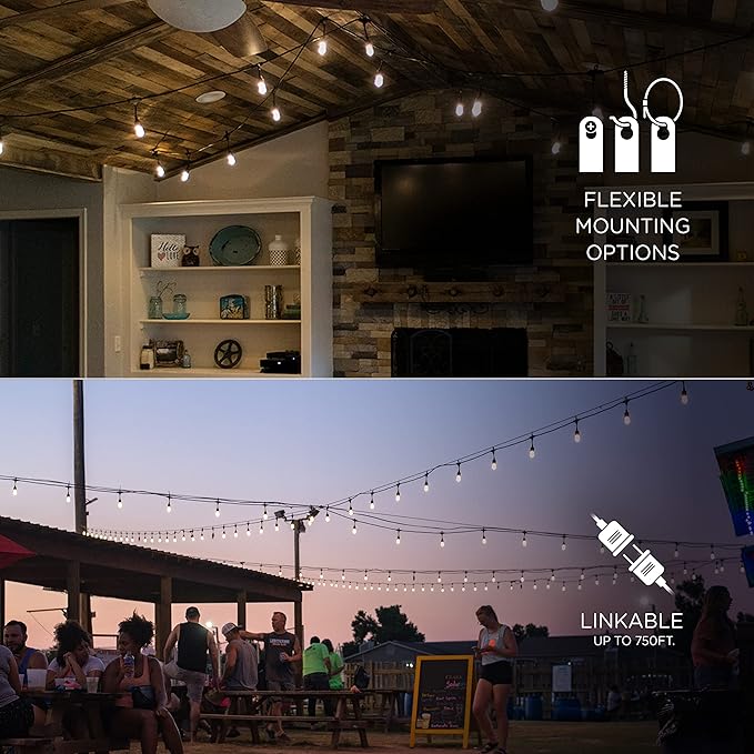 Enbrighten Classic Warm White String Lights, 48ft Black Cord, 24 Shatterproof Acrylic Bulbs, Weatherproof, Outdoor String Lights, 31664
