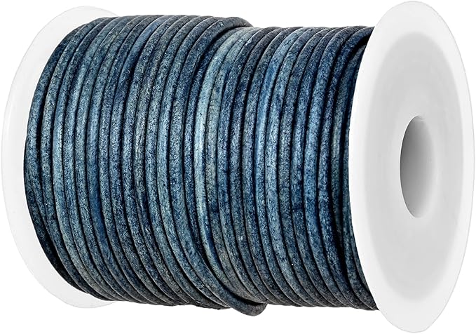 GENIQUE Real/Genuine Round Leather String Cord for Necklace, Bracelets, Jewellery, Braiding (2mm, Blue Distressed)
