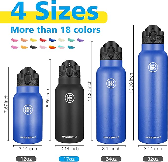 Han's Bottle Kids Water Bottle with Straw Lid - Insulated Stainless Steel Reusable Tumbler for Girls,Boys,Thermo Mug,17oz,Black