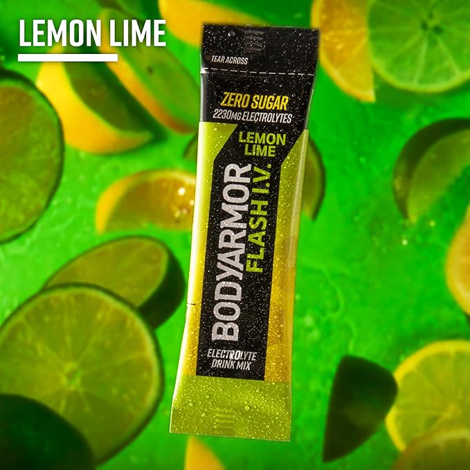 BODYARMOR Flash IV Electrolyte Packets, Lemon Lime - Zero Sugar Drink Mix, Single Serve Packs, Coconut Water Powder (15 Count)