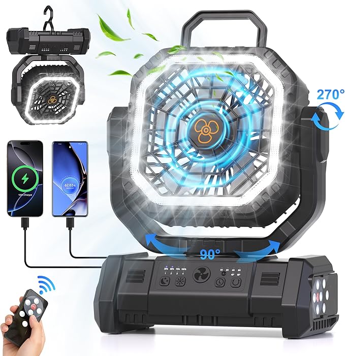 Portable Fan Rechargeable, 20000mAh Cordless Battery Powered Camping Fan with LED Light & Remote, 4 Speeds Wind, Timer, USB C, Hanging Hook, Oscillating Fans for Travel Tent, Camping Essentials