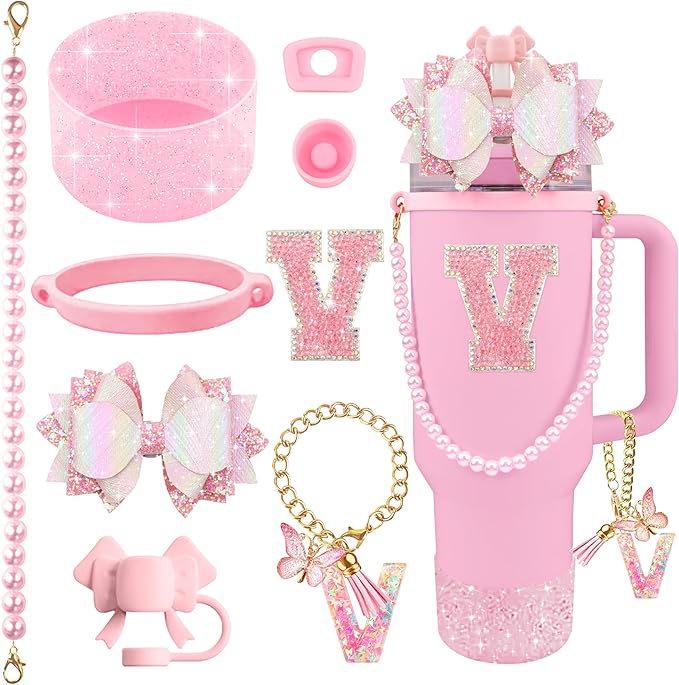 9PCS Pink for Stanley Cup Accessories Set Bling Initials Bow Charms for Stanley Decorations 30/40 Oz Tumbler Accessories Including Bow Straw Topper, Handle Strap, Spill Stopper（Letter V）