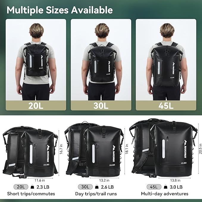MARCHWAY Roll Top Waterproof Backpack, Floating Dry Bag 20L/30L/45L with Ergonomic Rectangular Base, Cushioned Back, Hip Strap for Hiking Camping Kayaking Travel (Black, 30L)