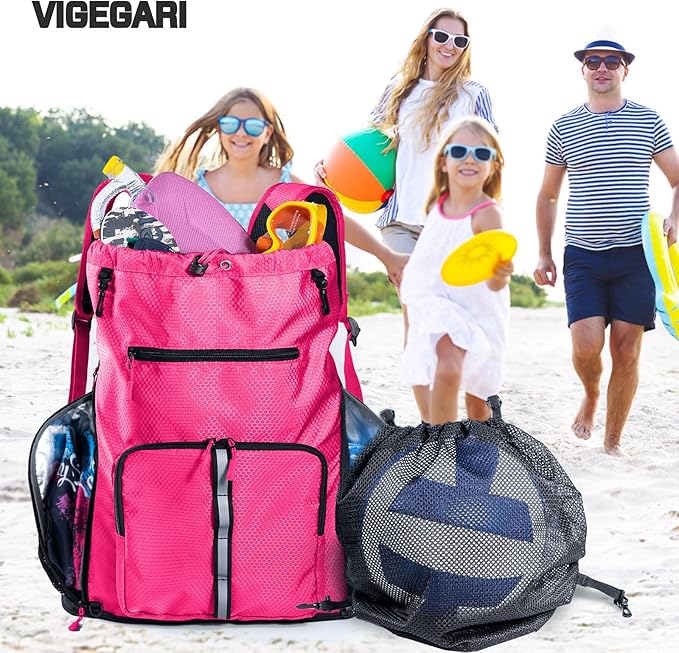 Large Beach Backpack Waterproof Sandproof - Customized Oversized Drawstring Pool Bag with Shoe Compartment for Toiletries, Towels, Gym, Travel