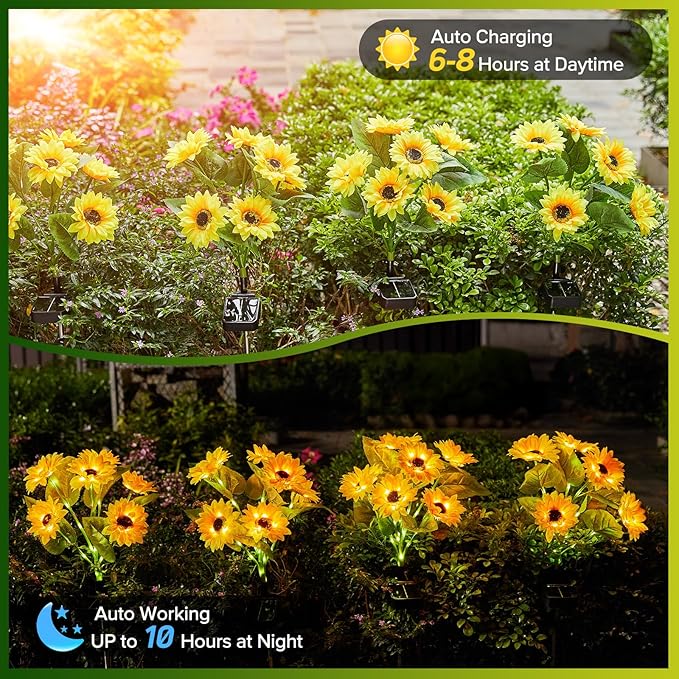 Solar Sunflower Lights Outdoor Waterproof - 6 Pack with 36 Bright Solar Sunflower Lights, IP65 Waterproof Light for Outdoor Flower Bed, Yard, Pathway, Patio Decor - for Mom, Women, Grandma