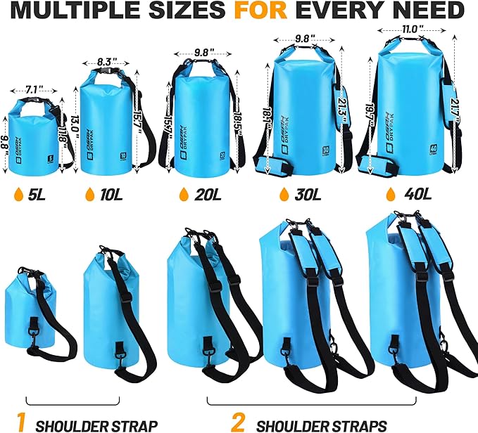 Waterproof Dry Bag, 5L/10L/20L/30L/40L Roll Top Lightweight Storage Backpack with Phone Case for Women & Men, Floating Waterproof Sack for Travel, Swimming, Kayaking, Paddle Board, Camping & Beach