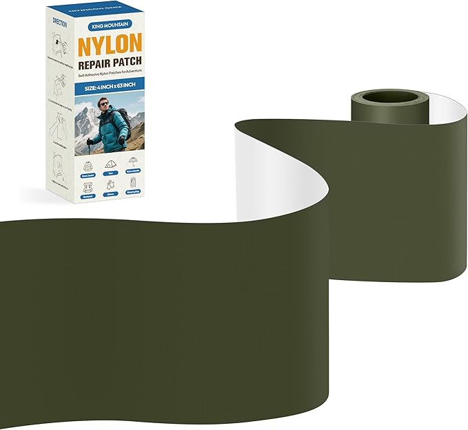 KING MOUNTAIN Self Adhesive Nylon Fabric Repair Tape, 4×63 Inches, Quick Down Jacket Repair Patch, Waterproof Outdoor Gear Patch Kit for Tent,Backpacks,Umbrella, Gloves, Sleeping Bag (Army Green)