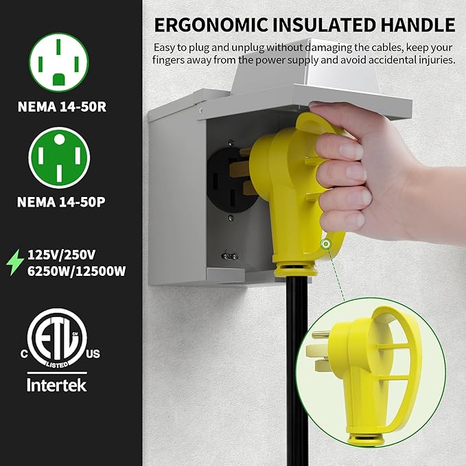 POWGRN NEMA 14-50P to NEMA 14-50R 25FT 50 Amp RV/EV Extension Cord Outdoor with Grip Handle, Flexible 4 Prong Heavy Duty RV Power Cord Waterproof, 50A 125/250V 6250/12500W STW, ETL Listed