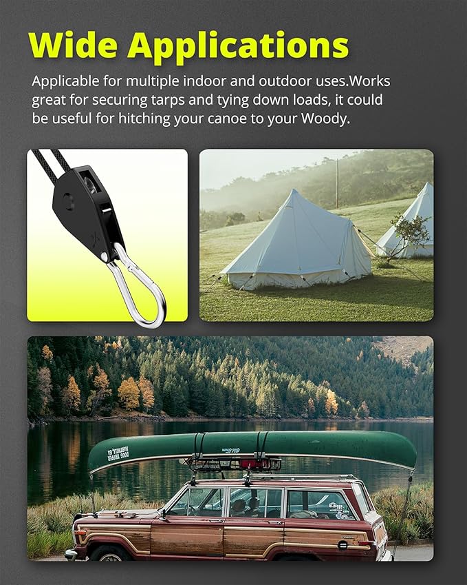Longer 10ft 1/8" Ratchet Straps Hanger Rope Tie-Down Ratchet Outdoor Windproof Rope Roller Adjustable Hanger Grow Light Camping Tent Kayak Paracord 12-Pack
