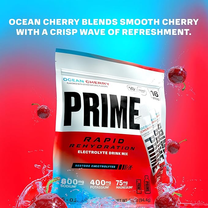 Prime Rapid Rehydration Electrolyte Powder Sticks, Ocean Cherry, Sugar Free Hydration Drink Mix with Sodium, Potassium, Magnesium & B Vitamins to Replenish Fluids, Caffeine Free, 16 Count
