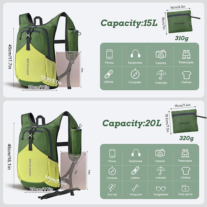 BECOJADDE 15L Small Hiking Backpack for Men Women Foldable Packable Back Pack Ultralight Hiking Daypack for Travel Camping Outdoor, Olive Green Yellow