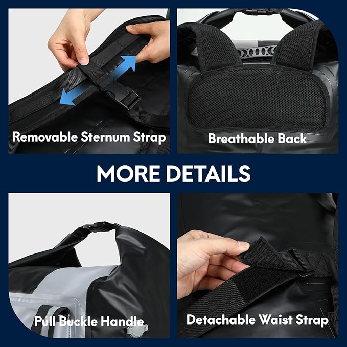 Haimont Waterproof Backpack Roll Top Dry Bag Kayak Dry Backpack IPX7 for Outdoor Dry Pack Boating Fishing 60L, Black/Gray