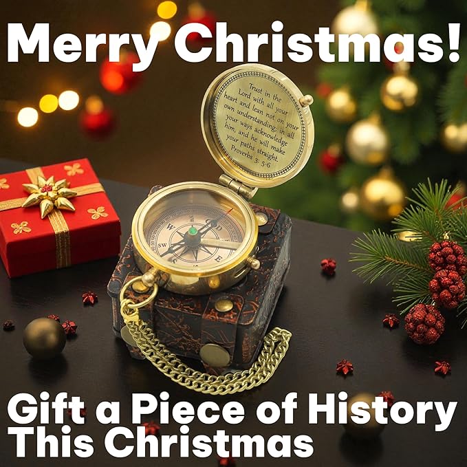 Handmade Brass Antique Compass with Leather Case – Vintage Finish Functional Pocket Navigation Tool for Travel, Hiking & Gift